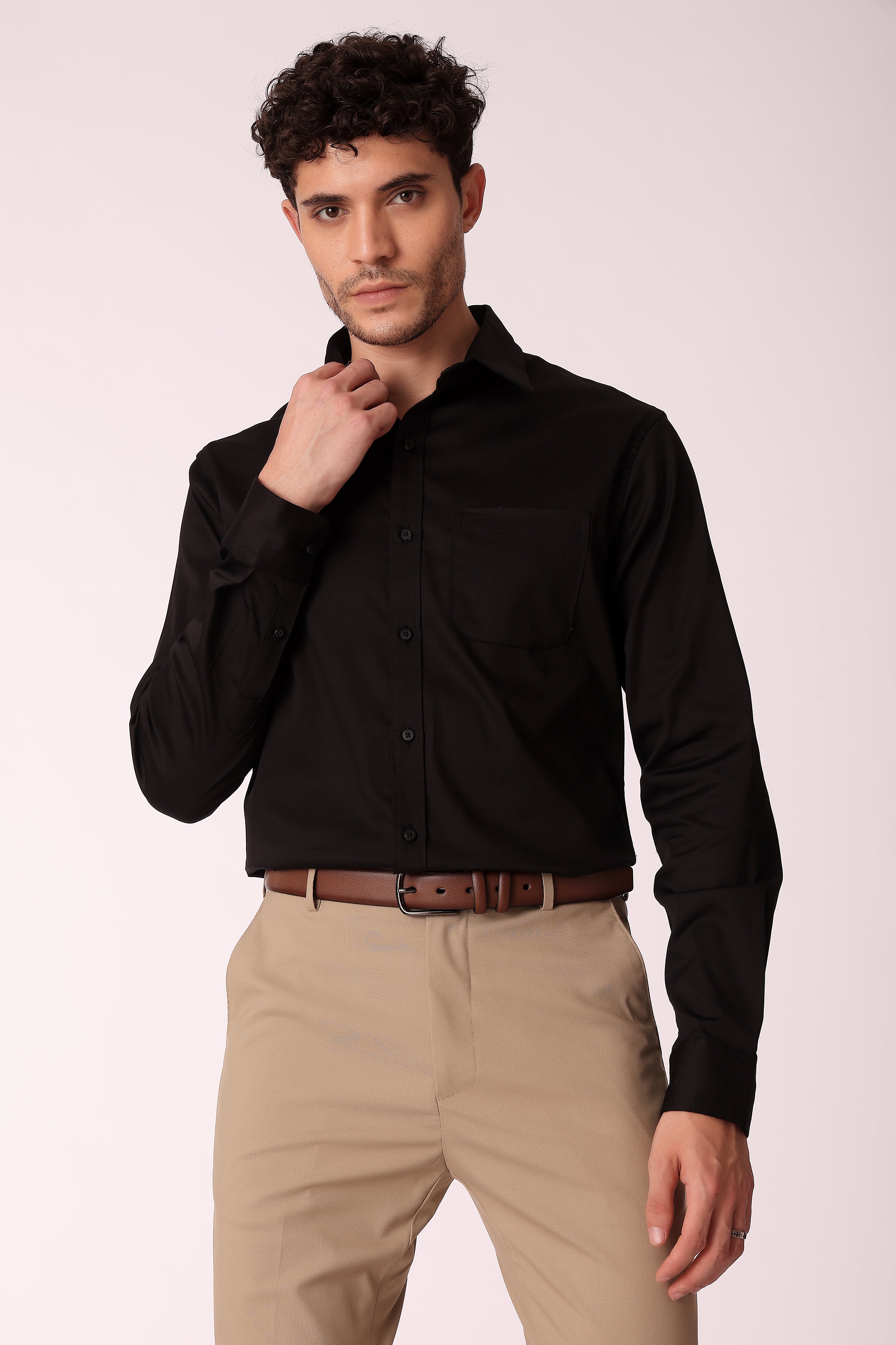 Men's Satin Lycra Shirt Full sleeve - Black