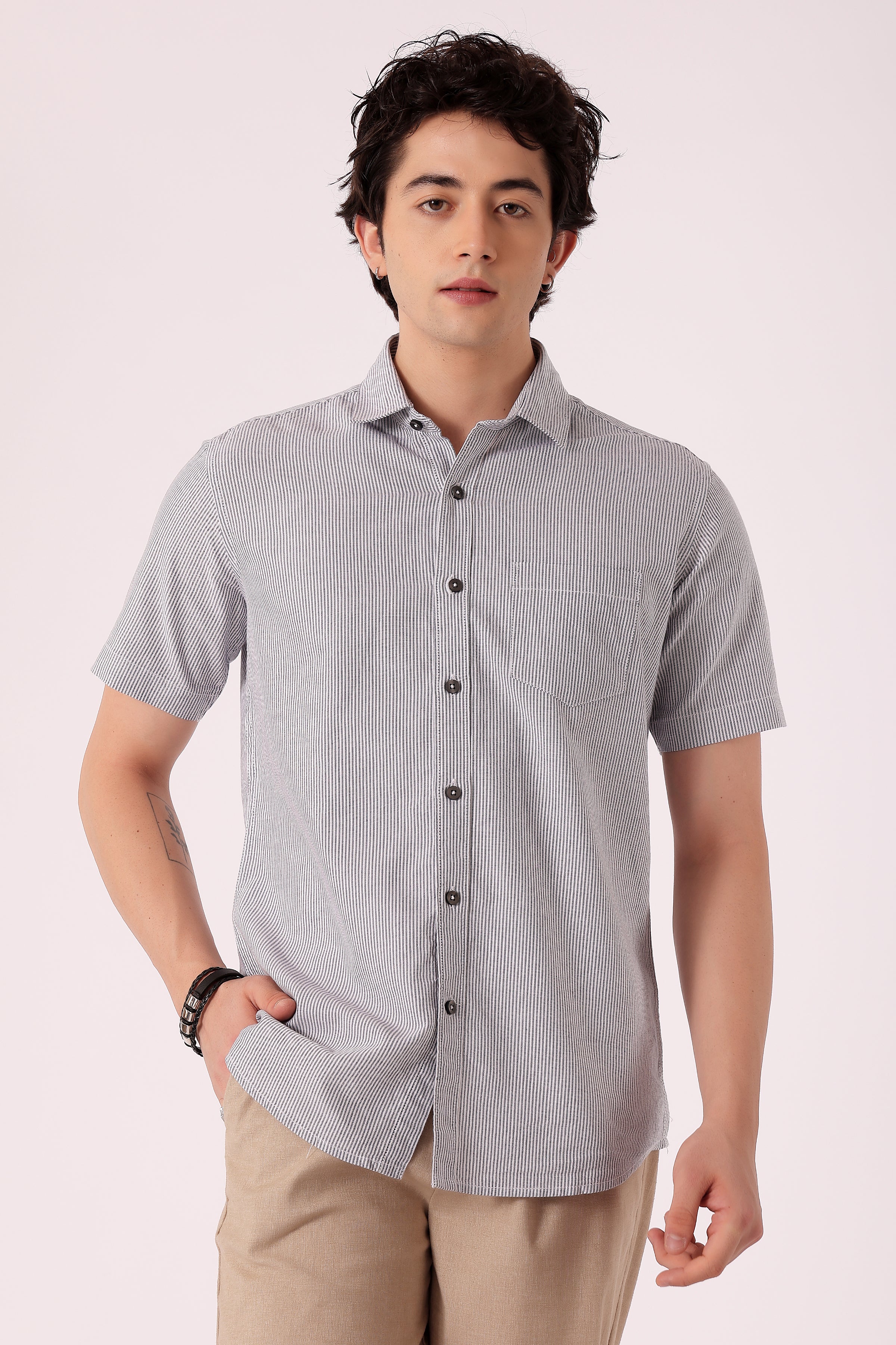 Men's Oxford Stripe Shirts Half sleeve - Dark Navy