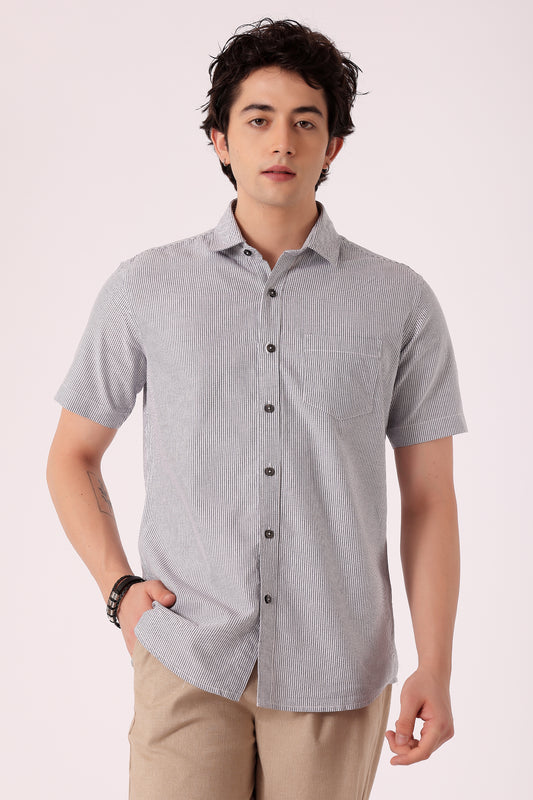 Men's Dark Navy Oxford Stripe Shirts Half sleeve  - DARK NAVY