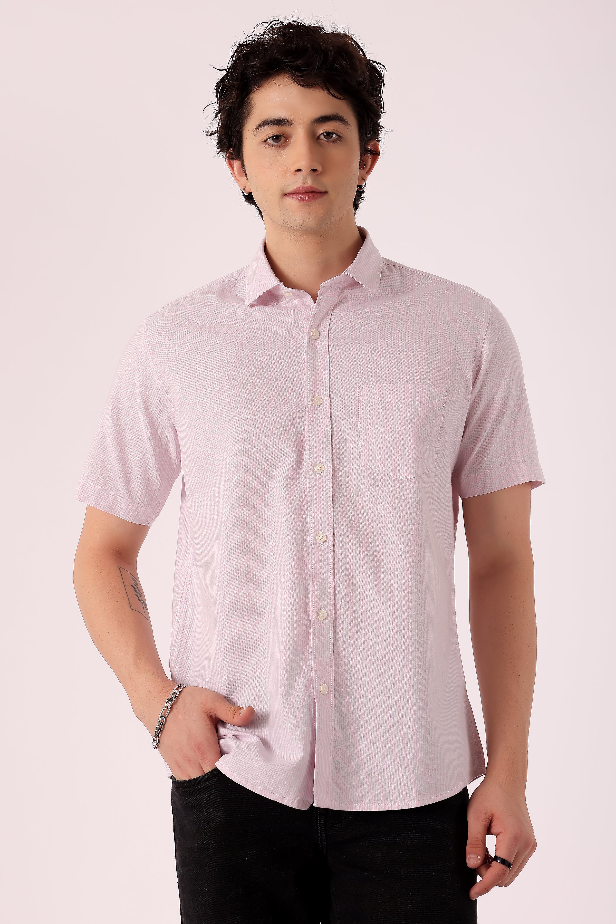 Men's Oxford Stripe Shirts Half sleeve - Light Pink