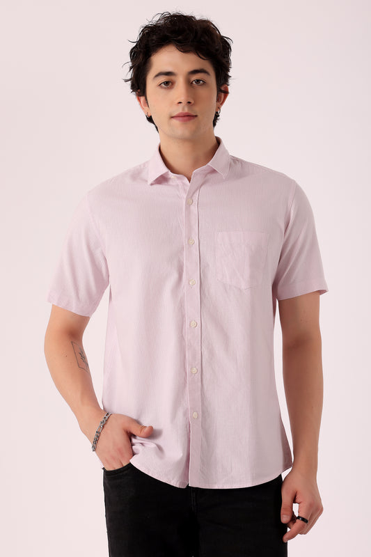 Men's Oxford Stripe Shirts Half sleeve - Light Pink