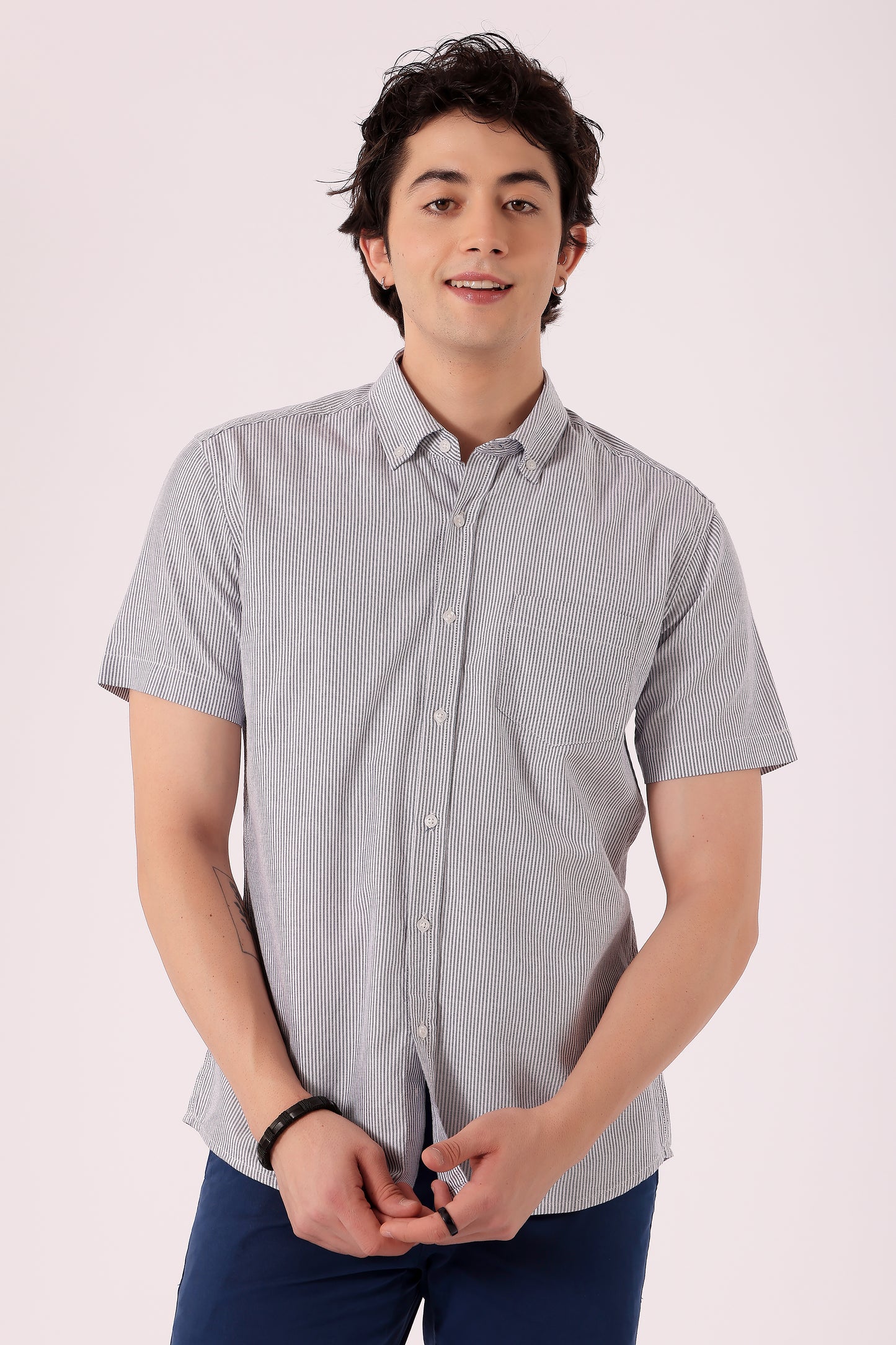 Men's Oxford Stripe Shirts Half sleeve - Light Grey