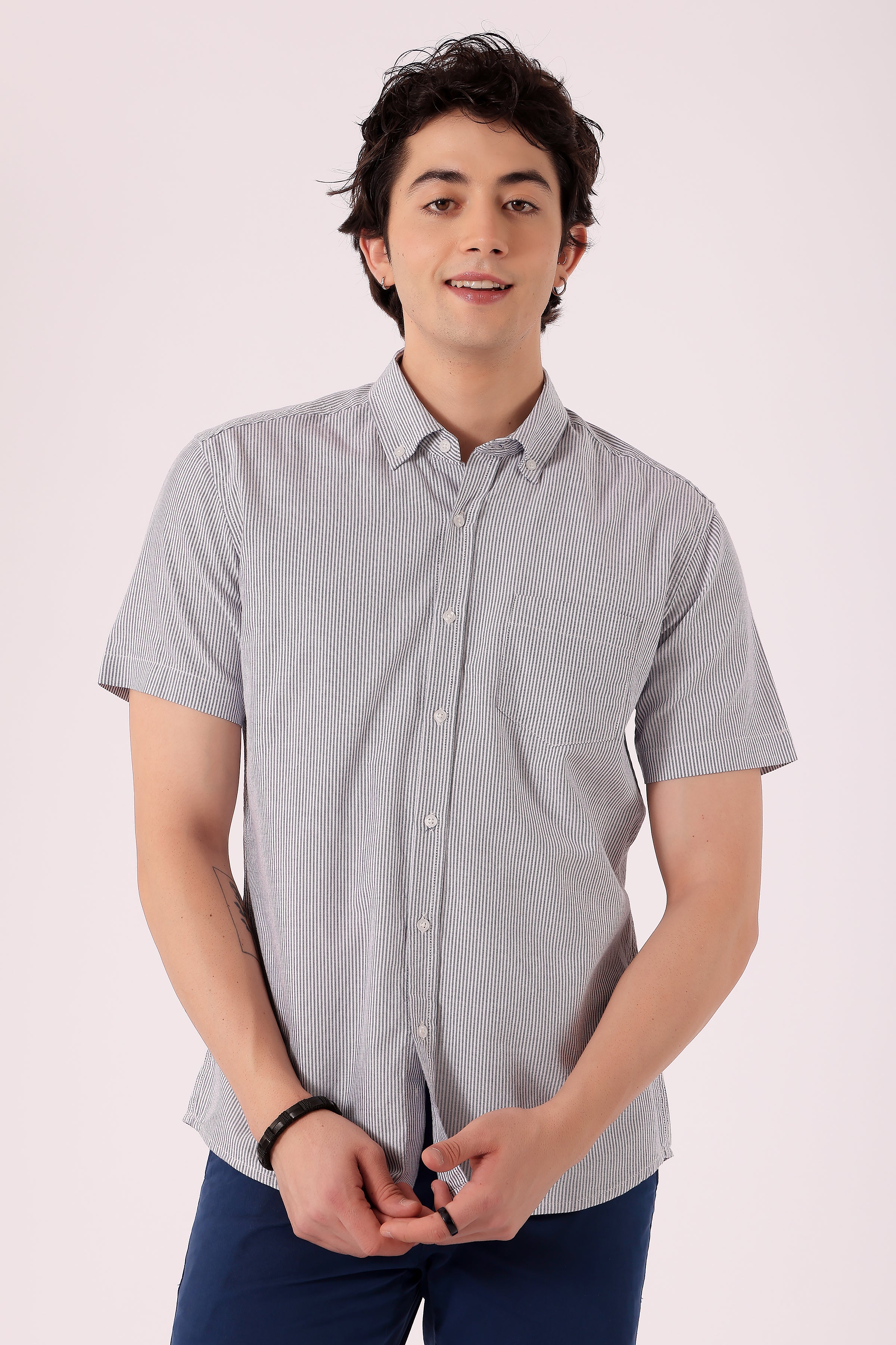 Men's Oxford Stripe Shirts Half sleeve - Light Grey