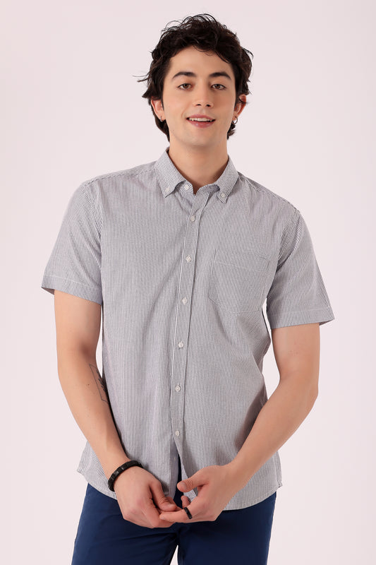 Men's Oxford Stripe Shirts Half sleeve - Light Grey