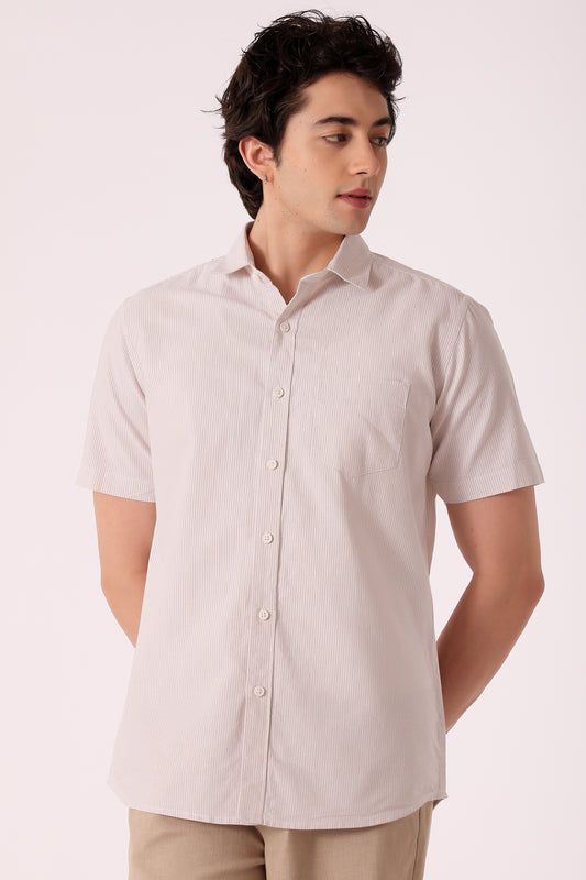 Men's Oxford Stripe Shirts Half sleeve -  Beige