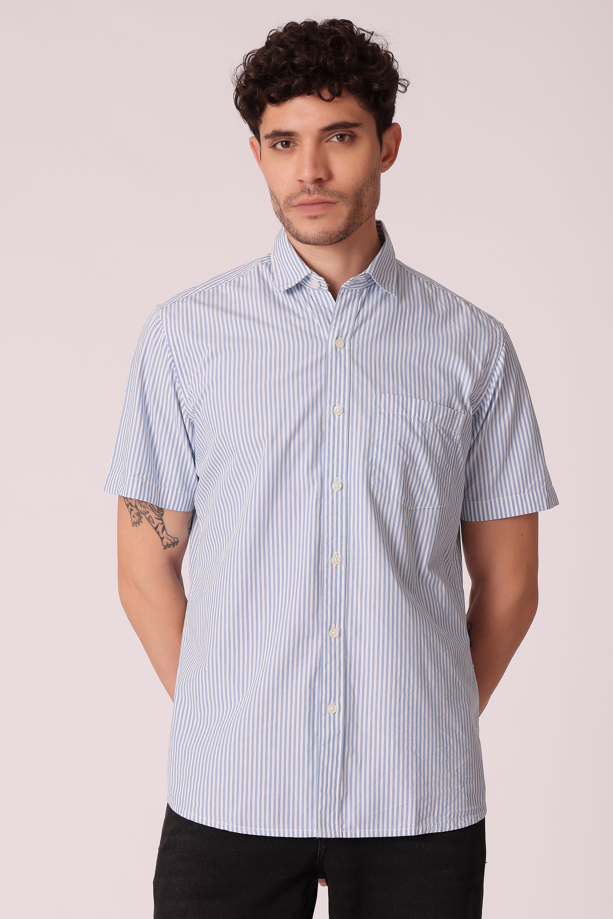 Men's Peach Poplin Shirts Half Sleeves - Blue