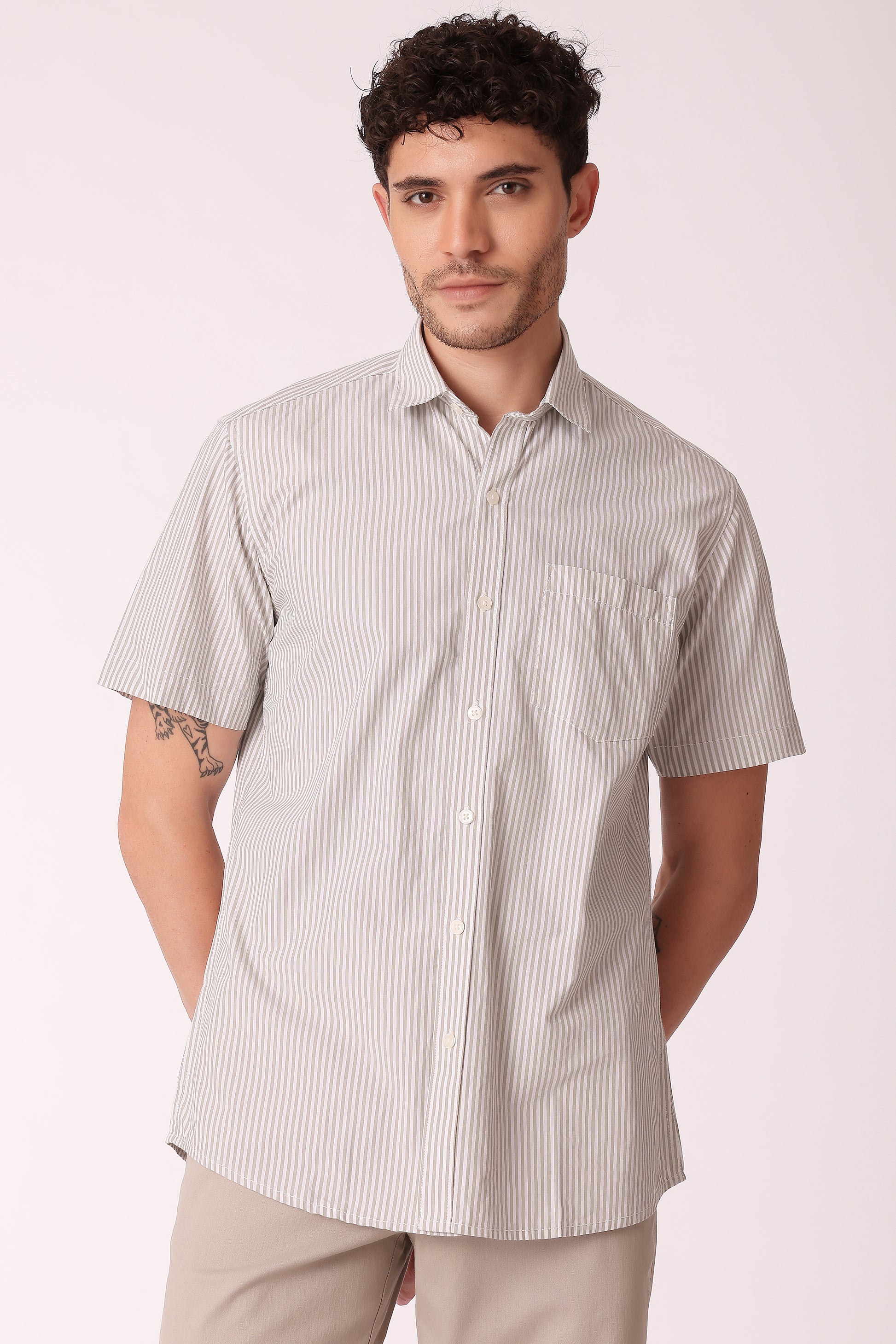 Men's Peach Poplin Shirts Half Sleeves - Olive