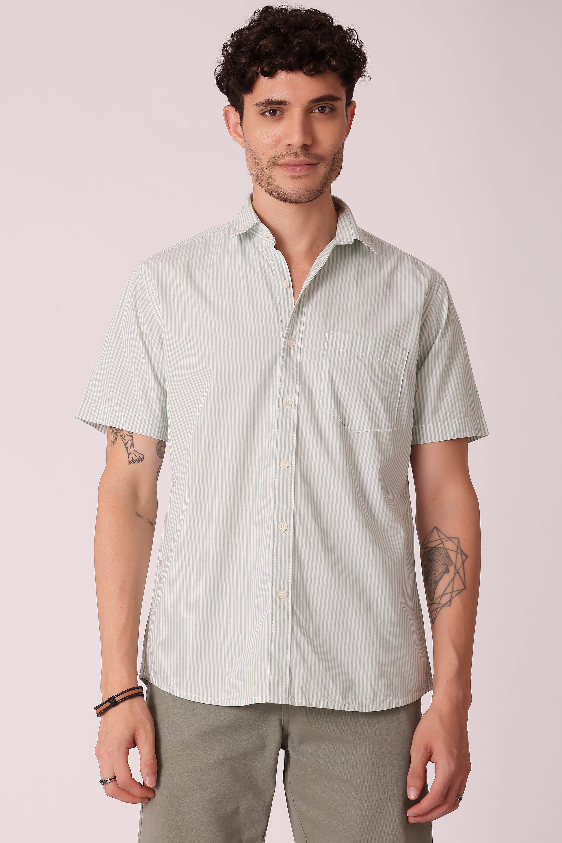 Men's Peach Poplin Shirts Half Sleeves - Sage Green