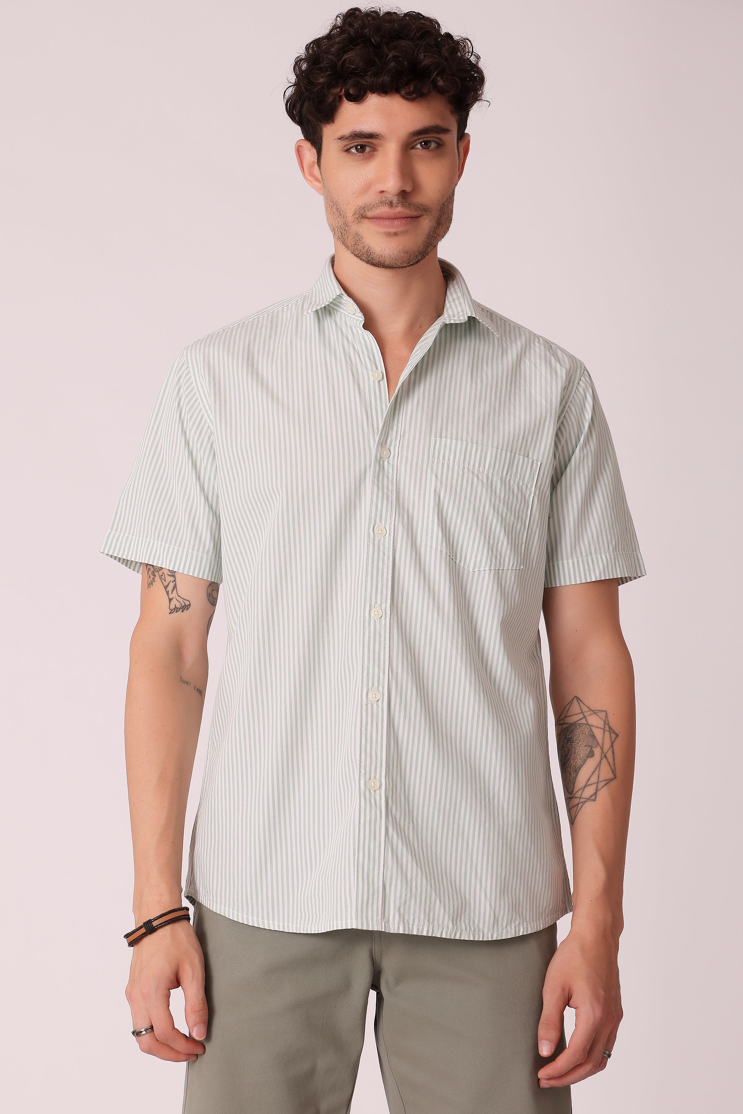 Men's Peach Poplin Shirts Half Sleeves - Sage Green