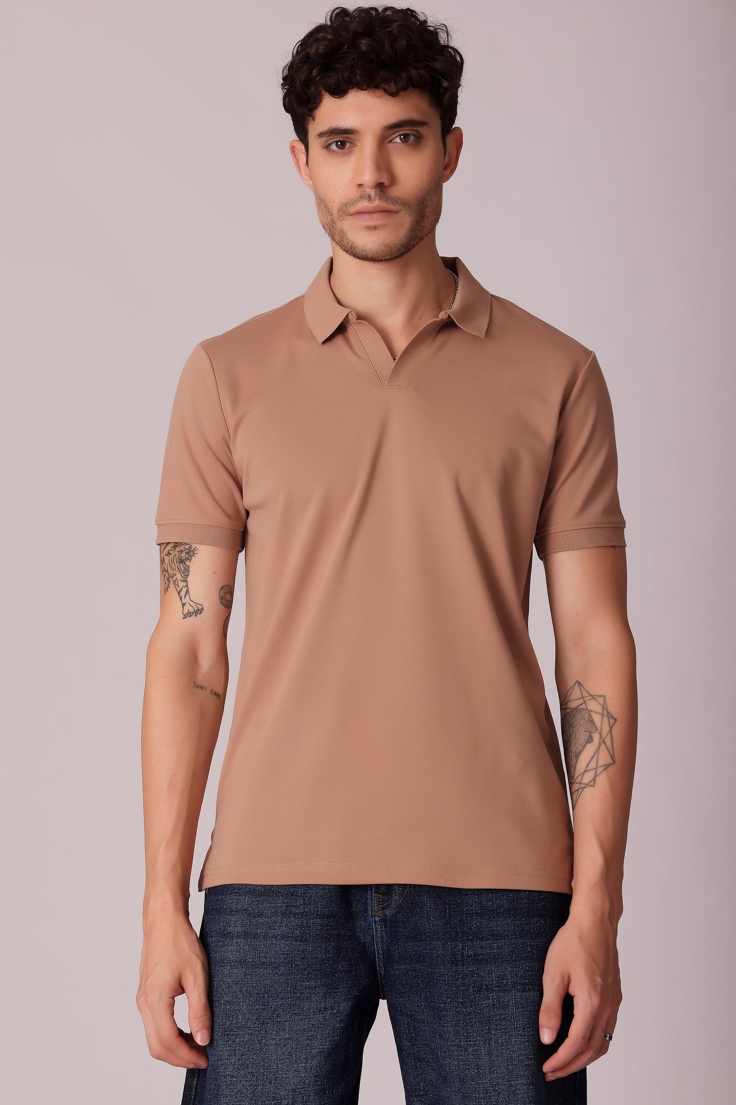Men's Johny Collar Interlock Polo Tshirt - Beige & Brown