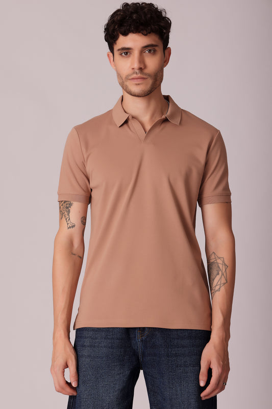 Men's Johny Collar Interlock Polo Tshirt - Beige & Brown