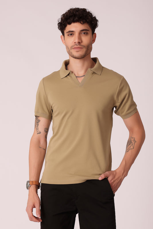 Men's Interlock Johny Collar Polo Tshirt - Light Khaki