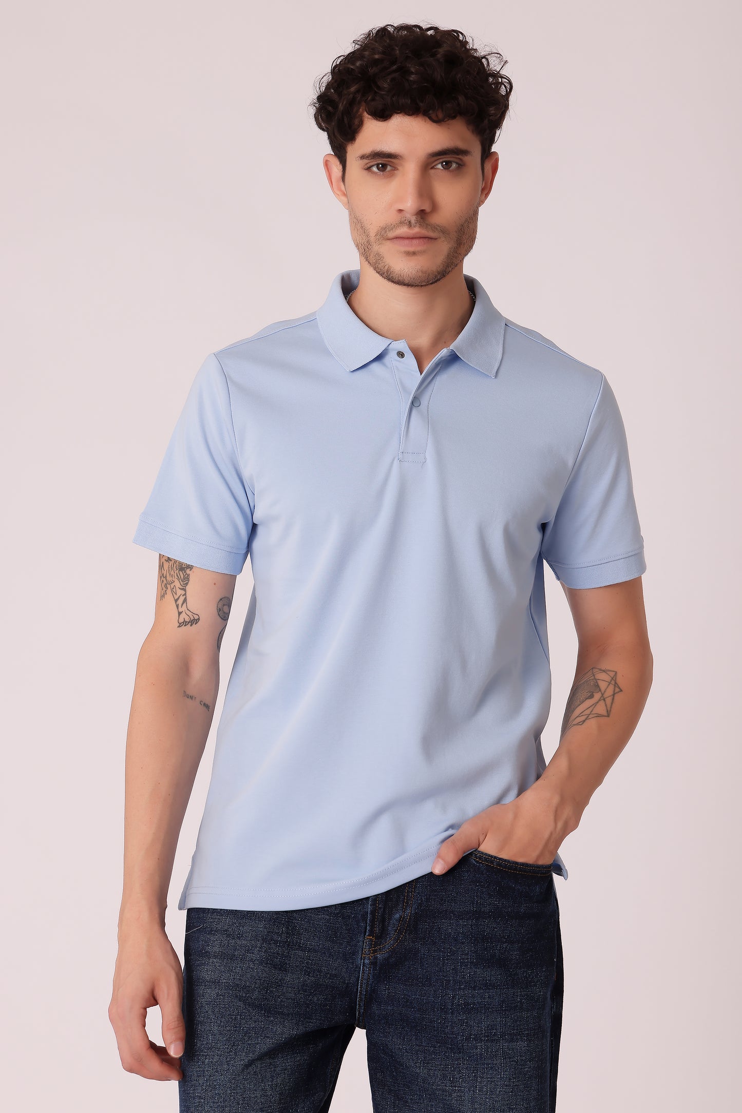 Men's Snap Button Collar Interlock Polo Tshirt - Sky Blue