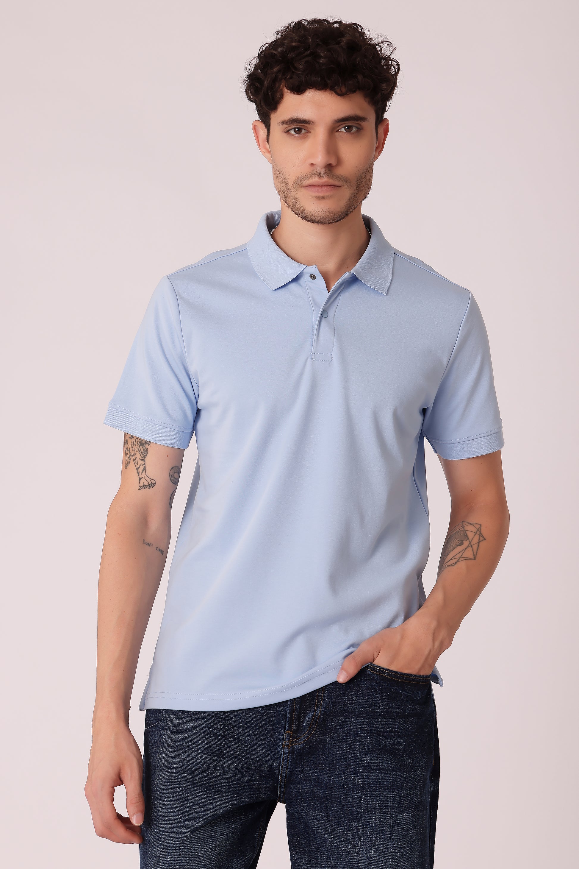 Men's Snap Button Collar Interlock Polo Tshirt - Sky Blue