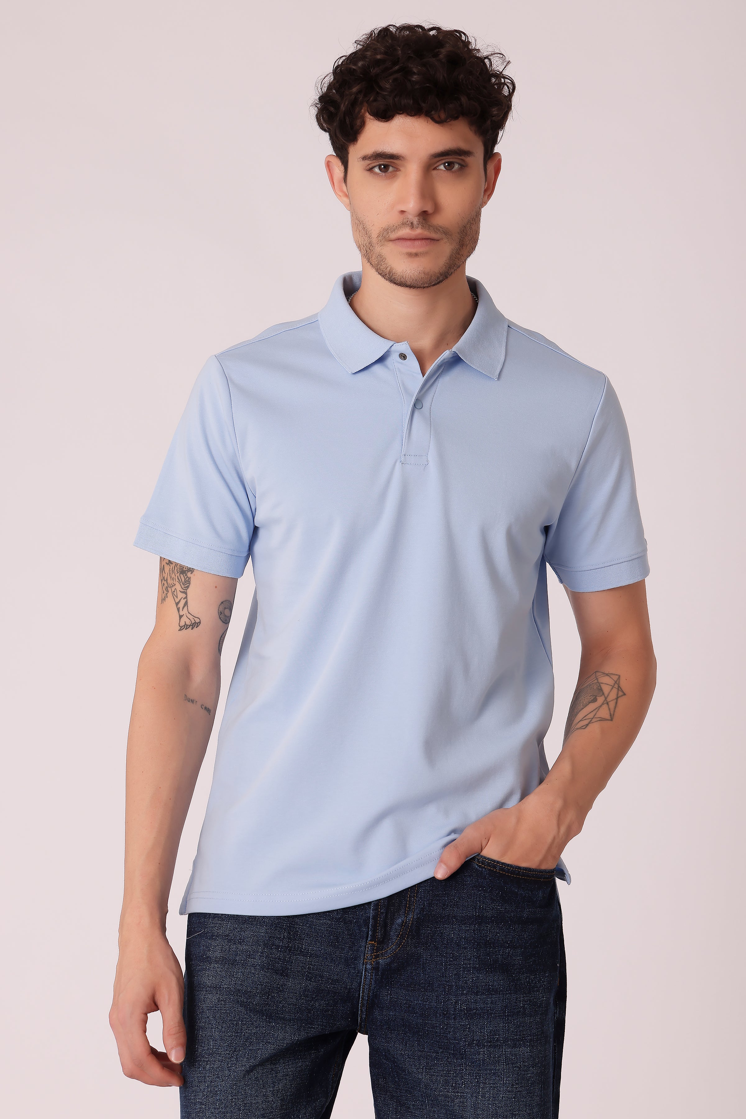 Men's Snap Button Collar Interlock Polo Tshirt - Sky Blue