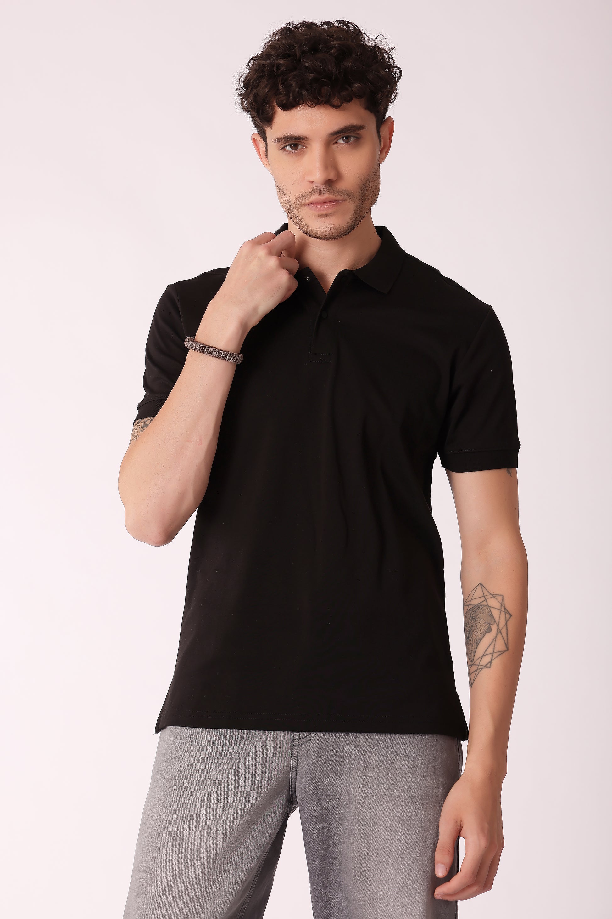 Men's Snap Button Collar Interlock Polo Tshirt - Black