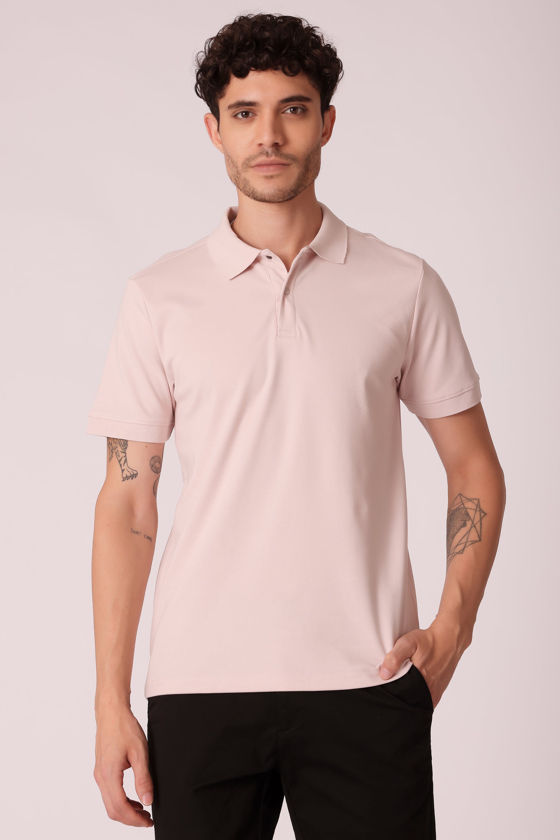 Men's Snap Button Collar Interlock Polo Tshirt - Light Pink