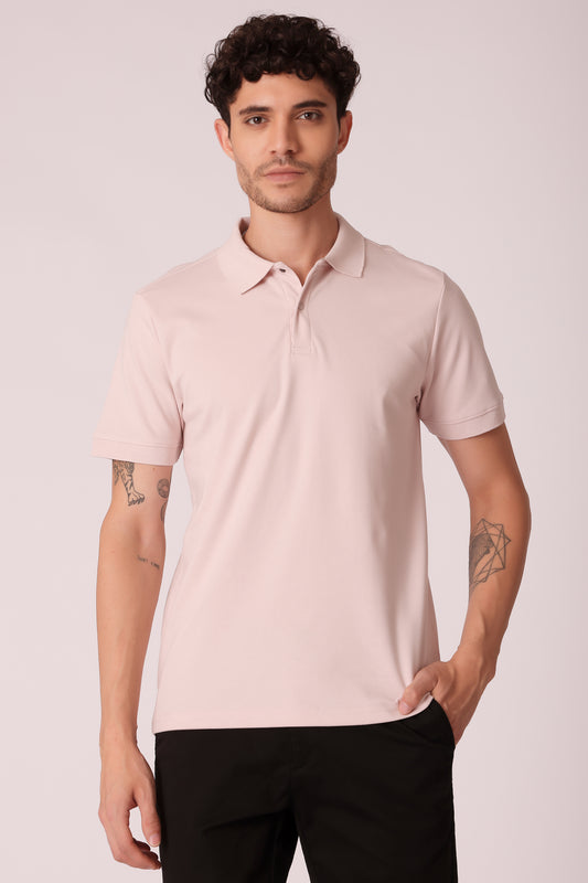 Men's Snap Button Collar Interlock Polo Tshirt - Light Pink