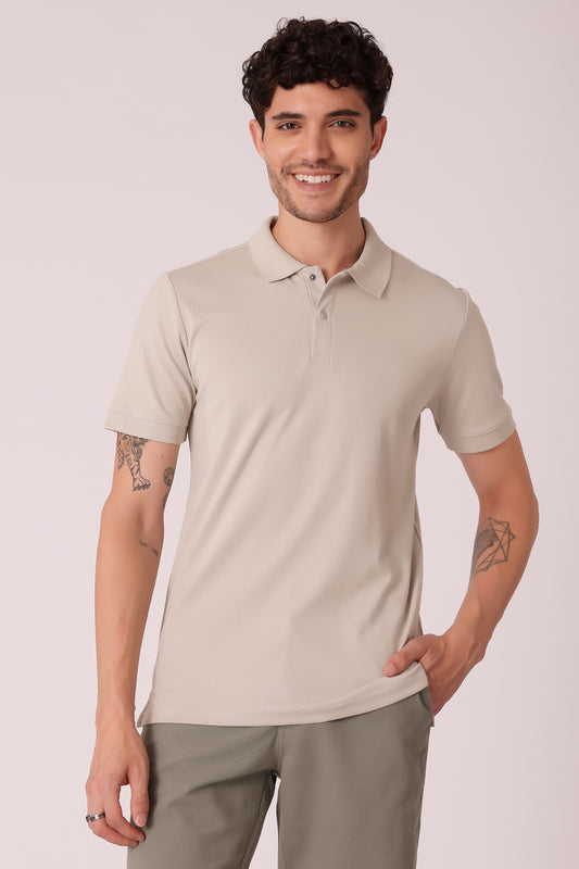 Men's Snap Button Collar Interlock Polo Tshirt - Light Grey