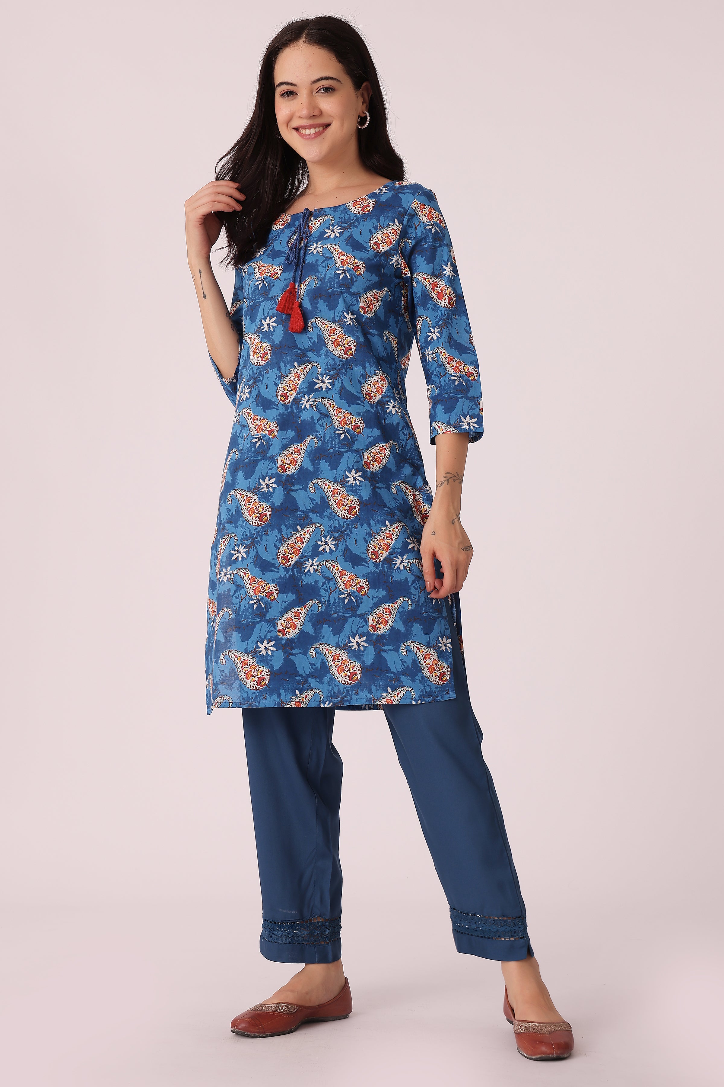 ETHNIC REGULAR FIT FLORAL PRINTS 2PCS SET - Blue