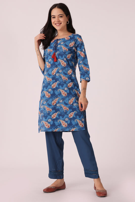 ETHNIC REGULAR FIT FLORAL PRINTS 2PCS SET - Blue