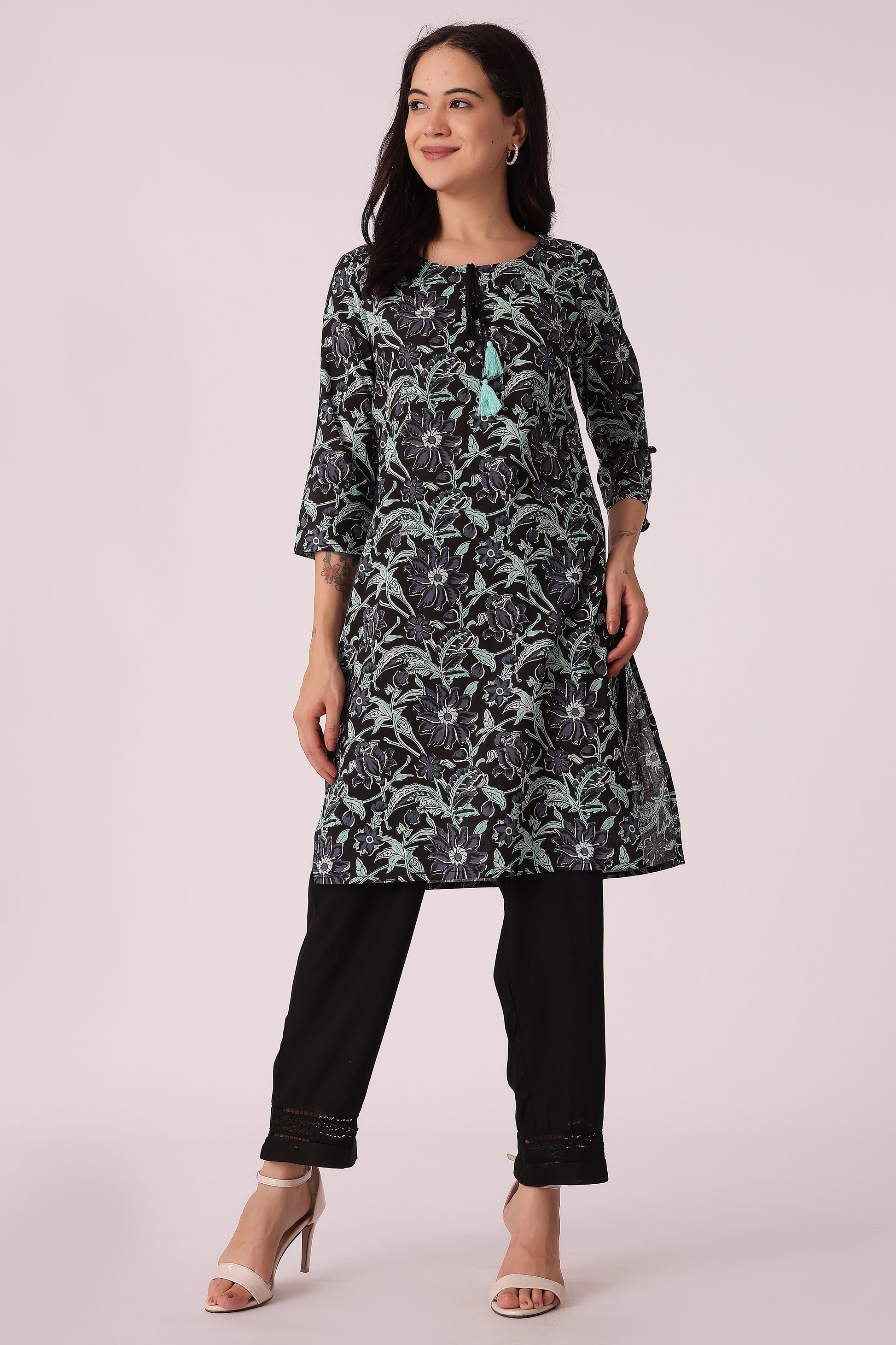 ETHNIC REGULAR FIT FLORAL PRINTS 2PCS SET - Black
