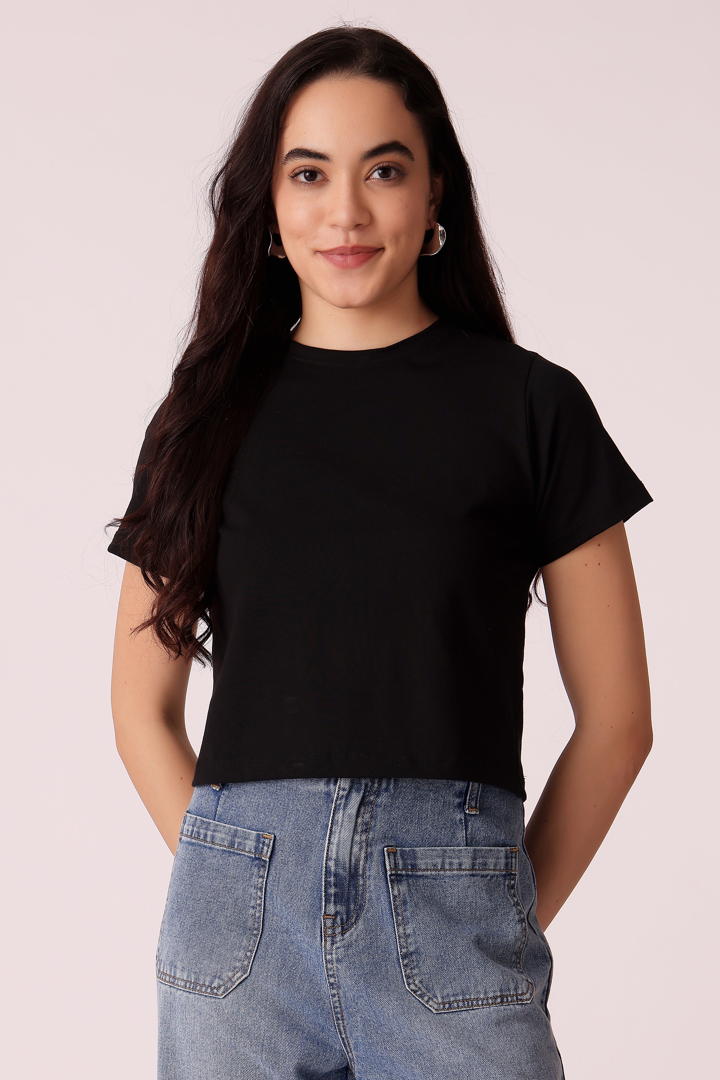 western crop fit casual solid t-shirts - Black