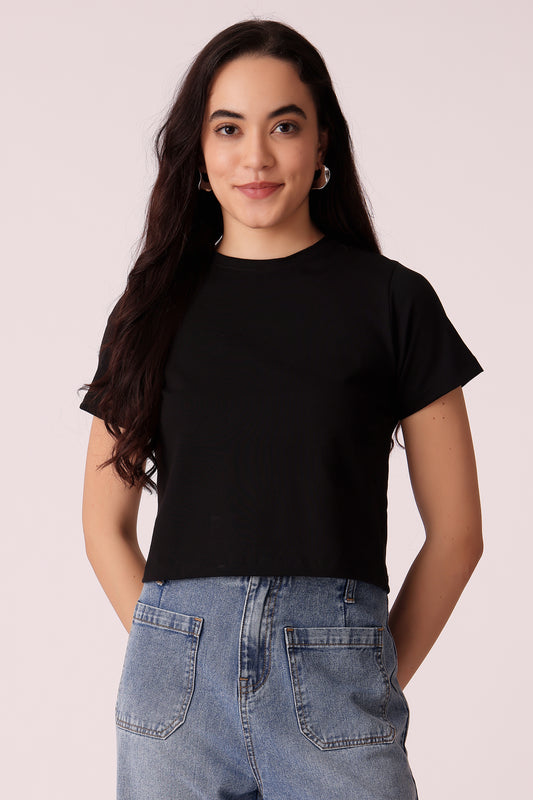western crop fit casual solid t-shirts - Black