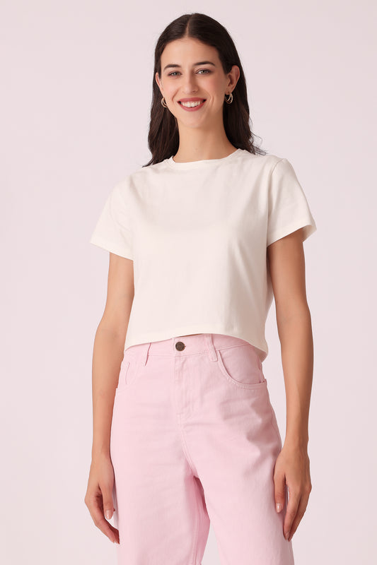 western crop fit casual solid t-shirts - White