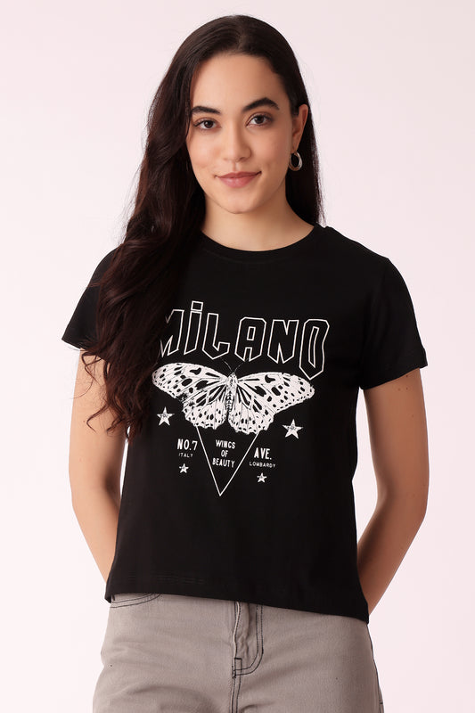 western oversized fit casual print t-shirts - Black