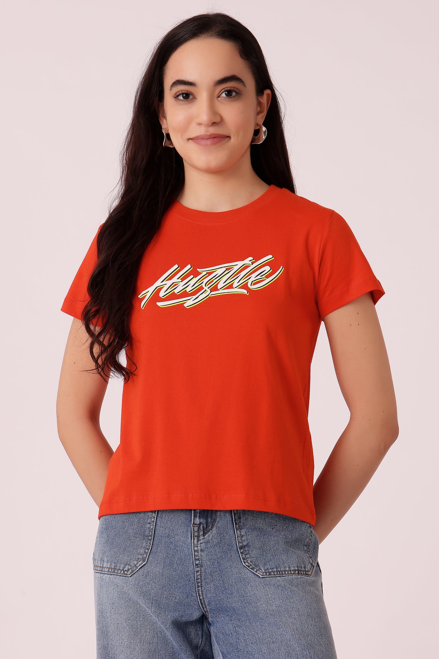 western oversized fit casual print t-shirts - Orange