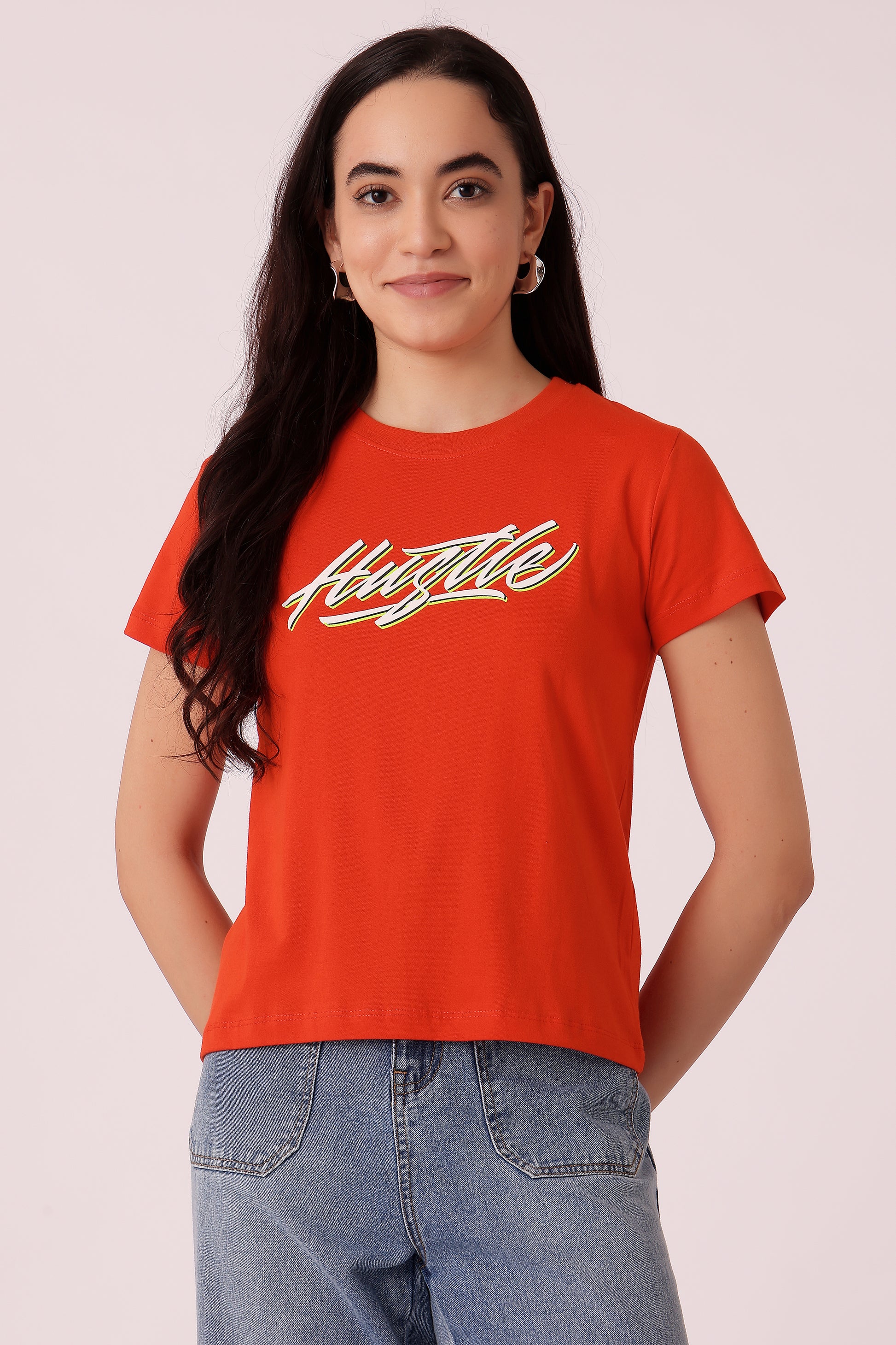 western oversized fit casual print t-shirts - Orange