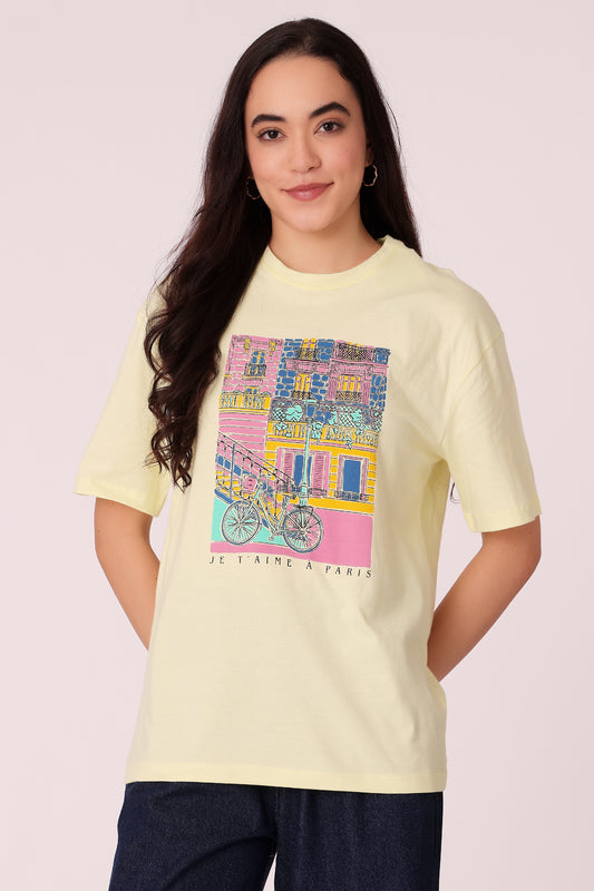 western oversized fit casual print t-shirts - Lemon