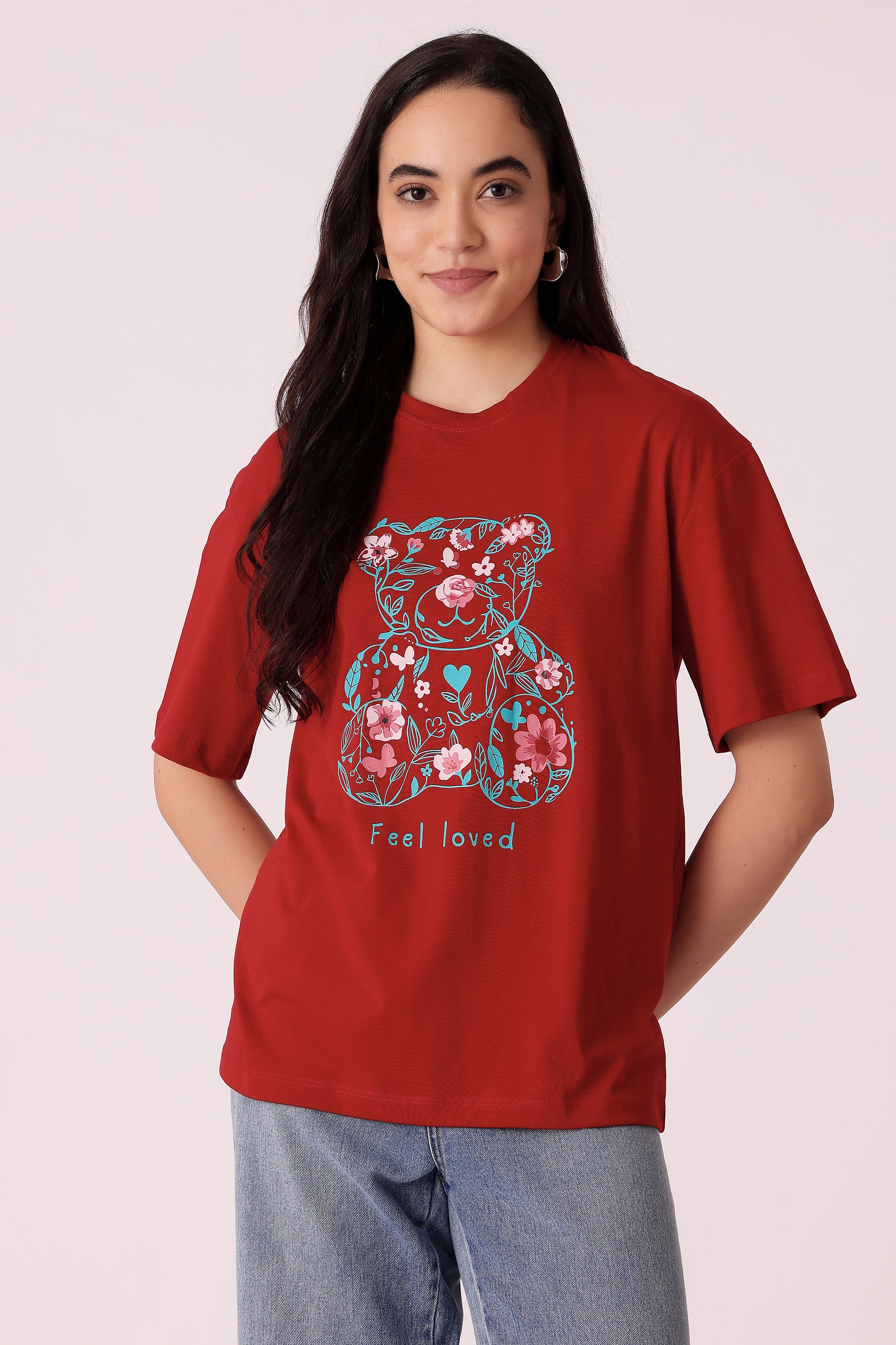 western oversized fit casual print t-shirts - Red