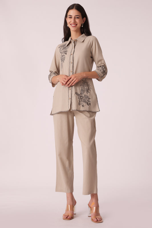 ETHNIC REGULAR FIT EMBROIDERY CORD SET - Beige