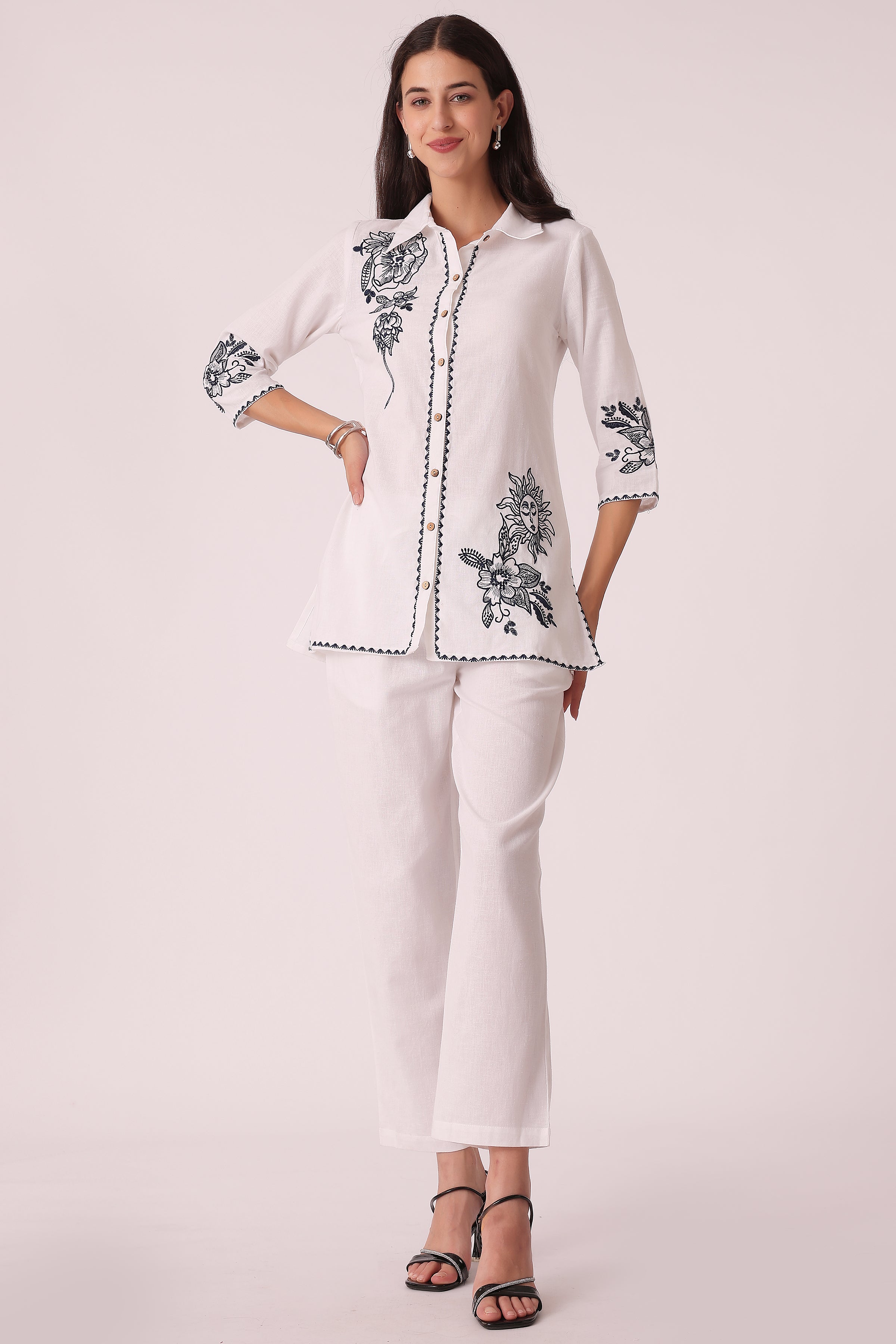 ETHNIC REGULAR FIT EMBROIDERY CORD SET - White