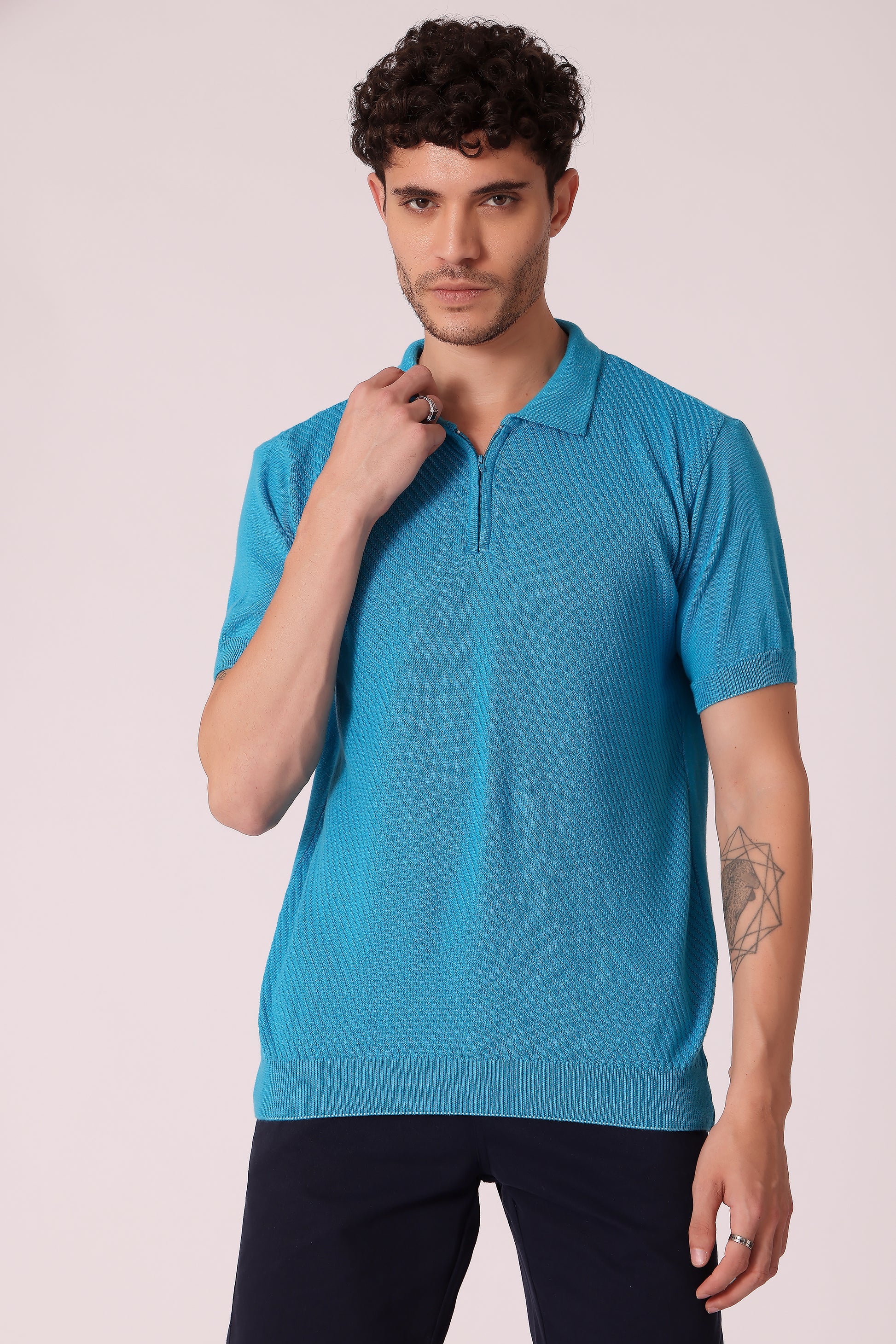 Men's Flat Knit Polo Tshirt - Sky Blue