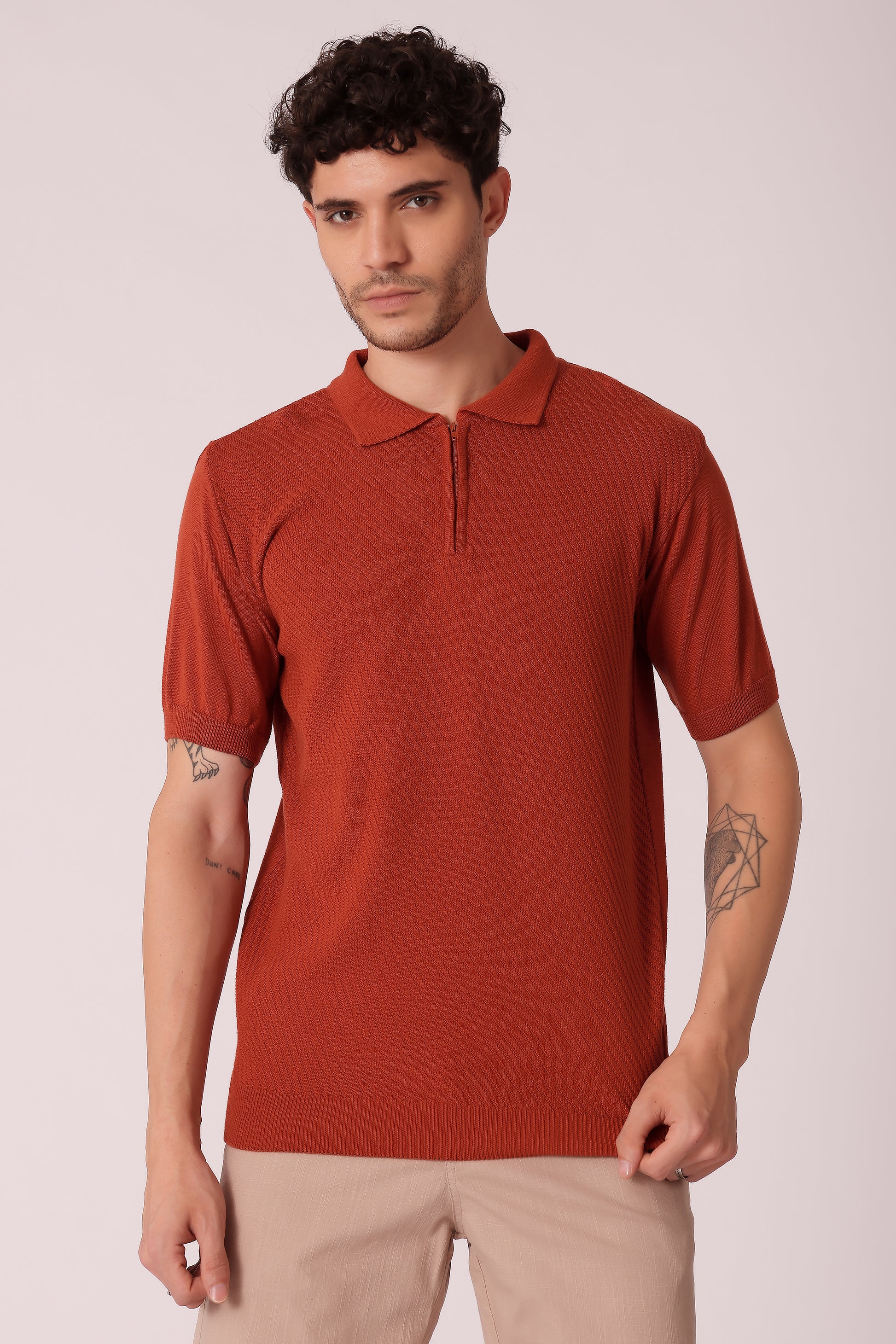 Men's Flat Knit Polo Tshirt - Caramel