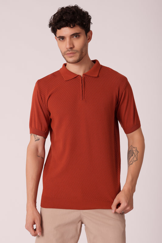 Men's Flat Knit Polo Tshirt - Caramel