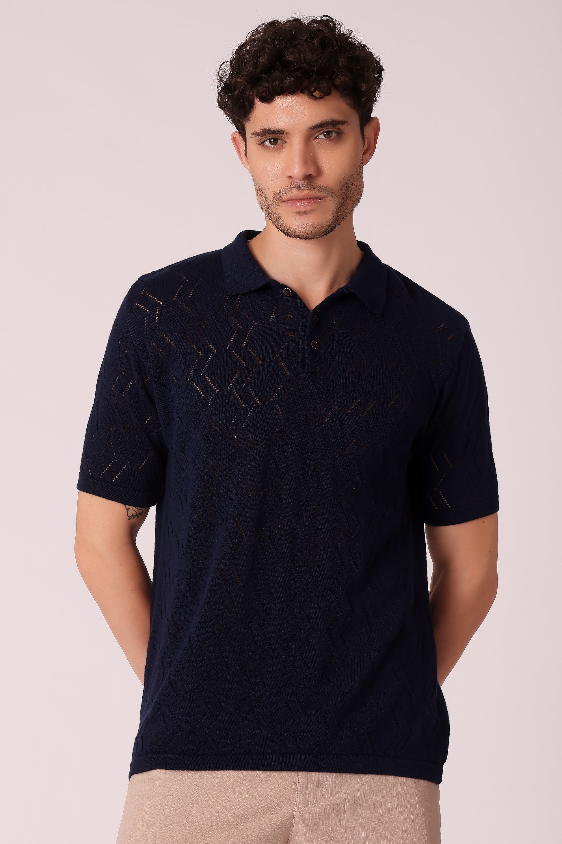 Men's Flat Knit Polo Tshirt - Navy