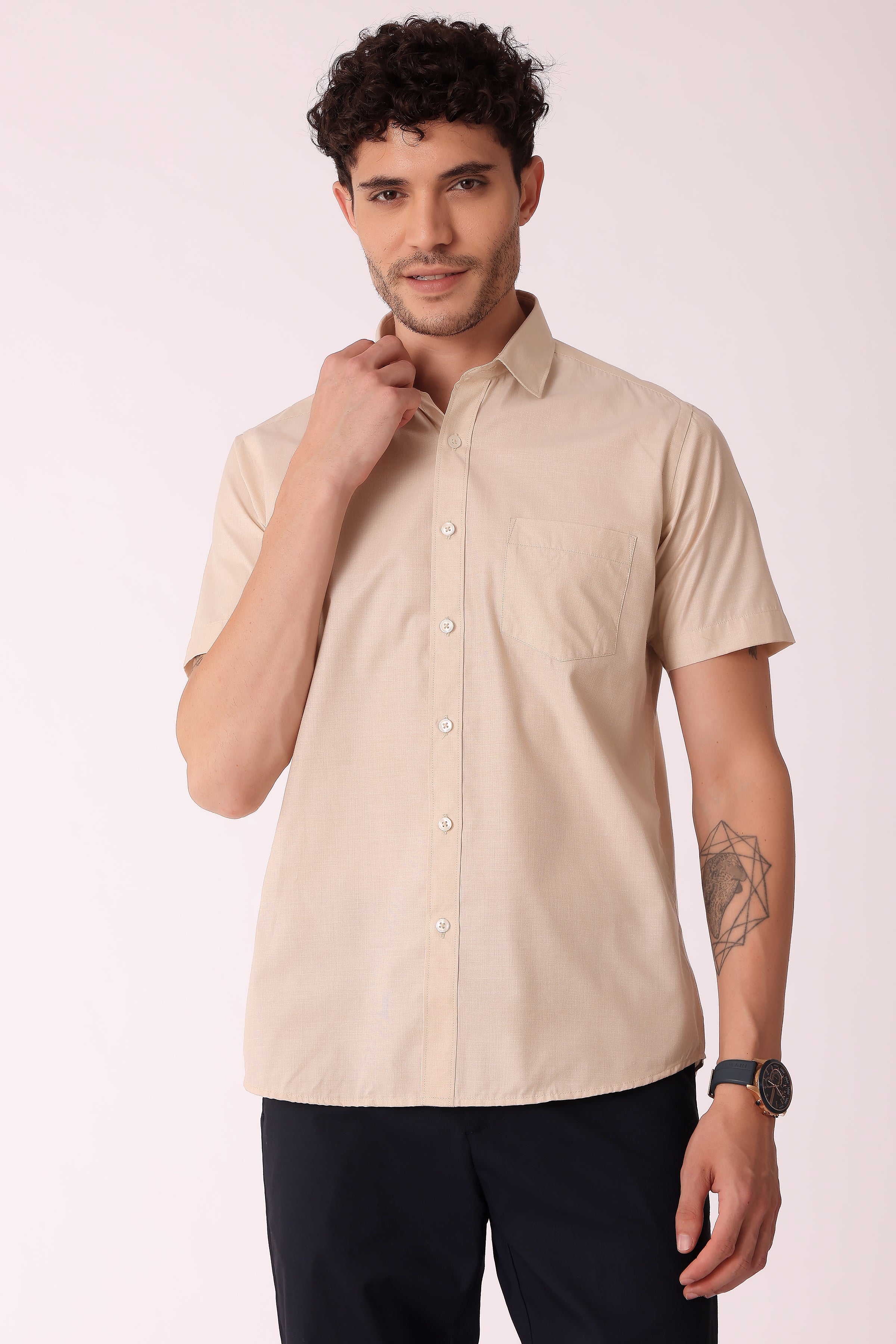 Men's Cotton Blend fila fill Shirt Half Sleeves - Beige