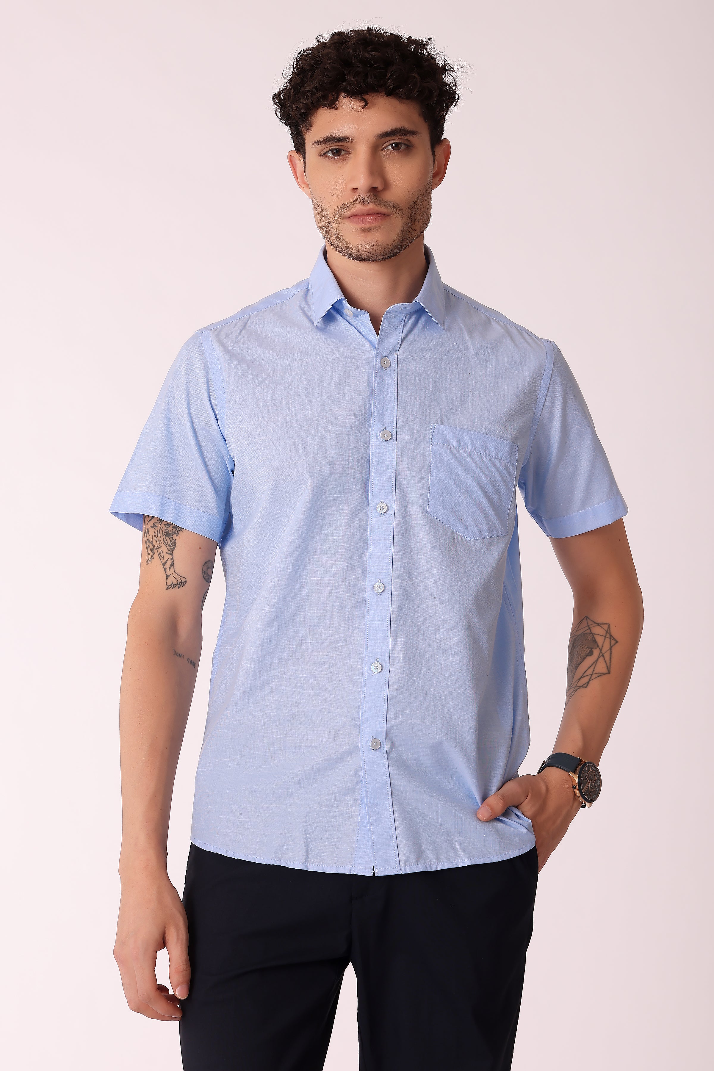 Men's Cotton Blend fila fill Shirt Half Sleeves - Sky Blue