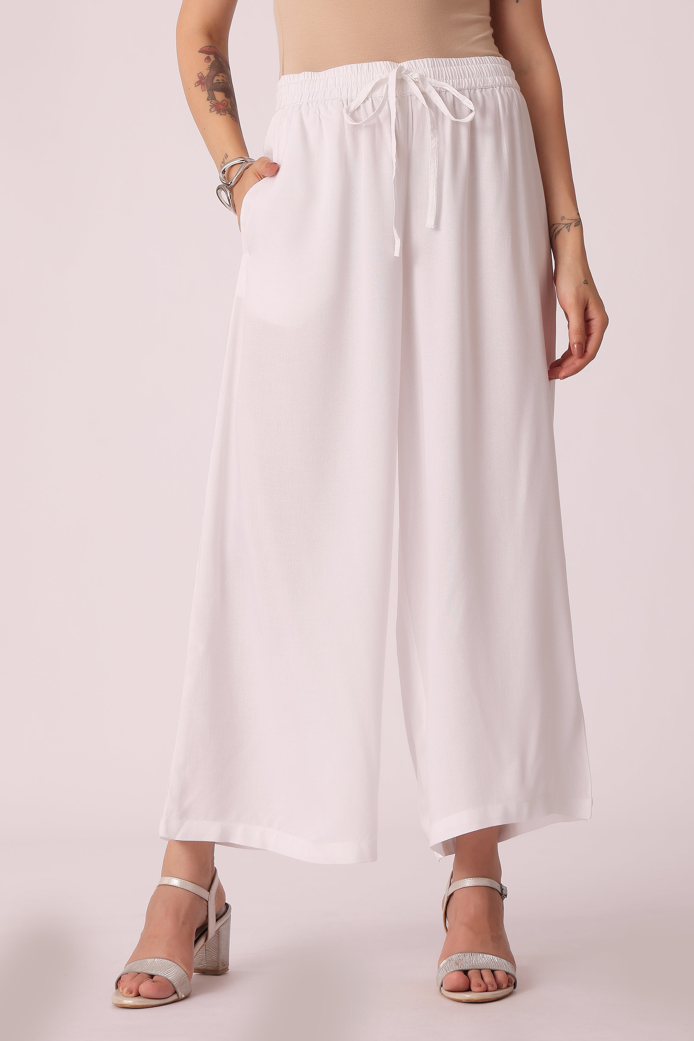 ETHNIC REGULAR FIT SOLID PLAZZO - White