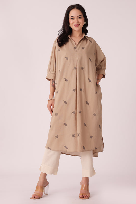 ETHNIC LOOSE FIT ALL OVER EMB KURTA - Beige