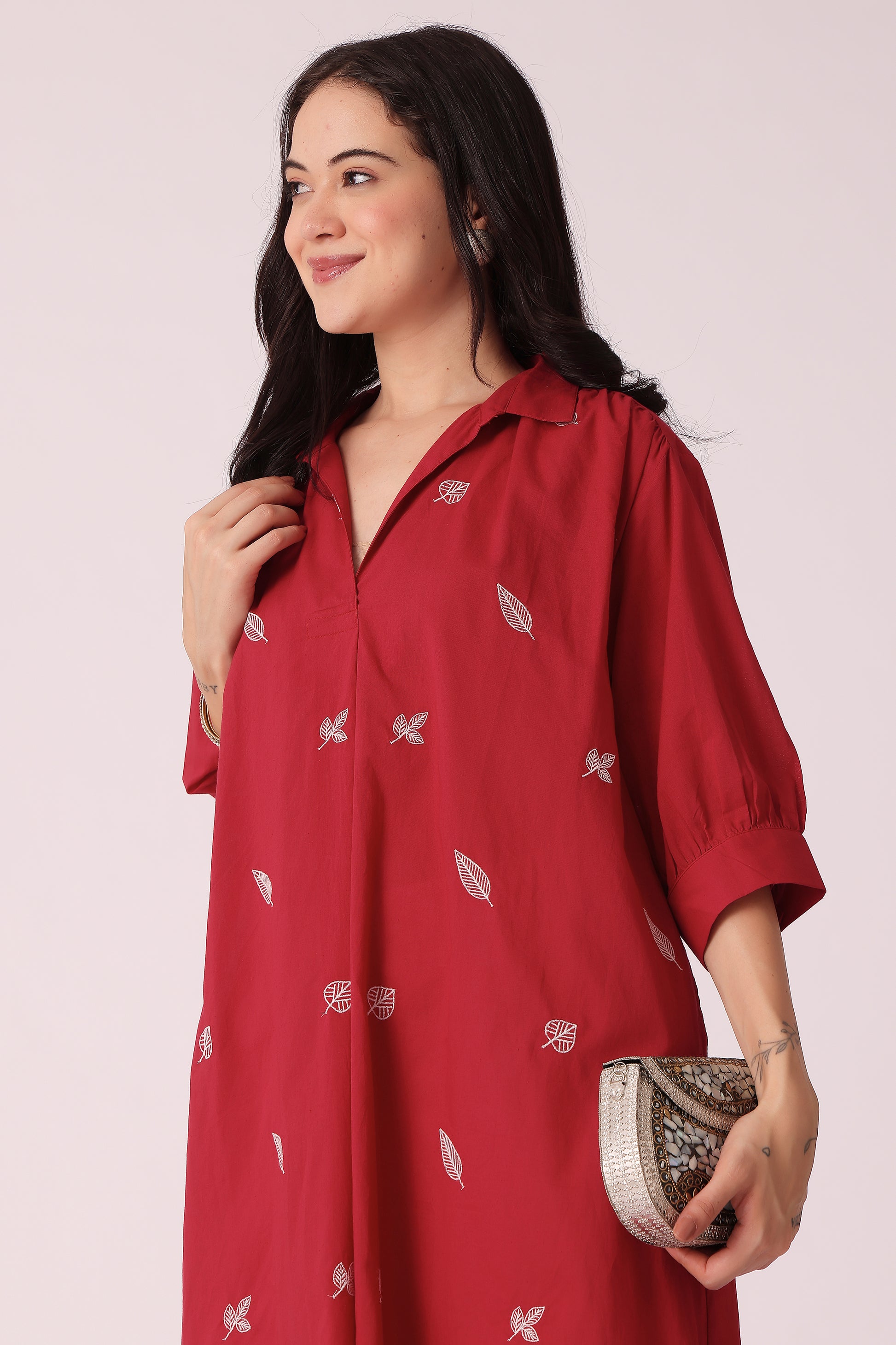 ETHNIC LOOSE FIT ALL OVER EMB KURTA - Maroon
