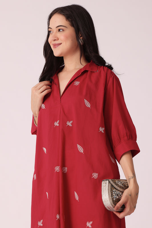ETHNIC LOOSE FIT ALL OVER EMB KURTA - Maroon