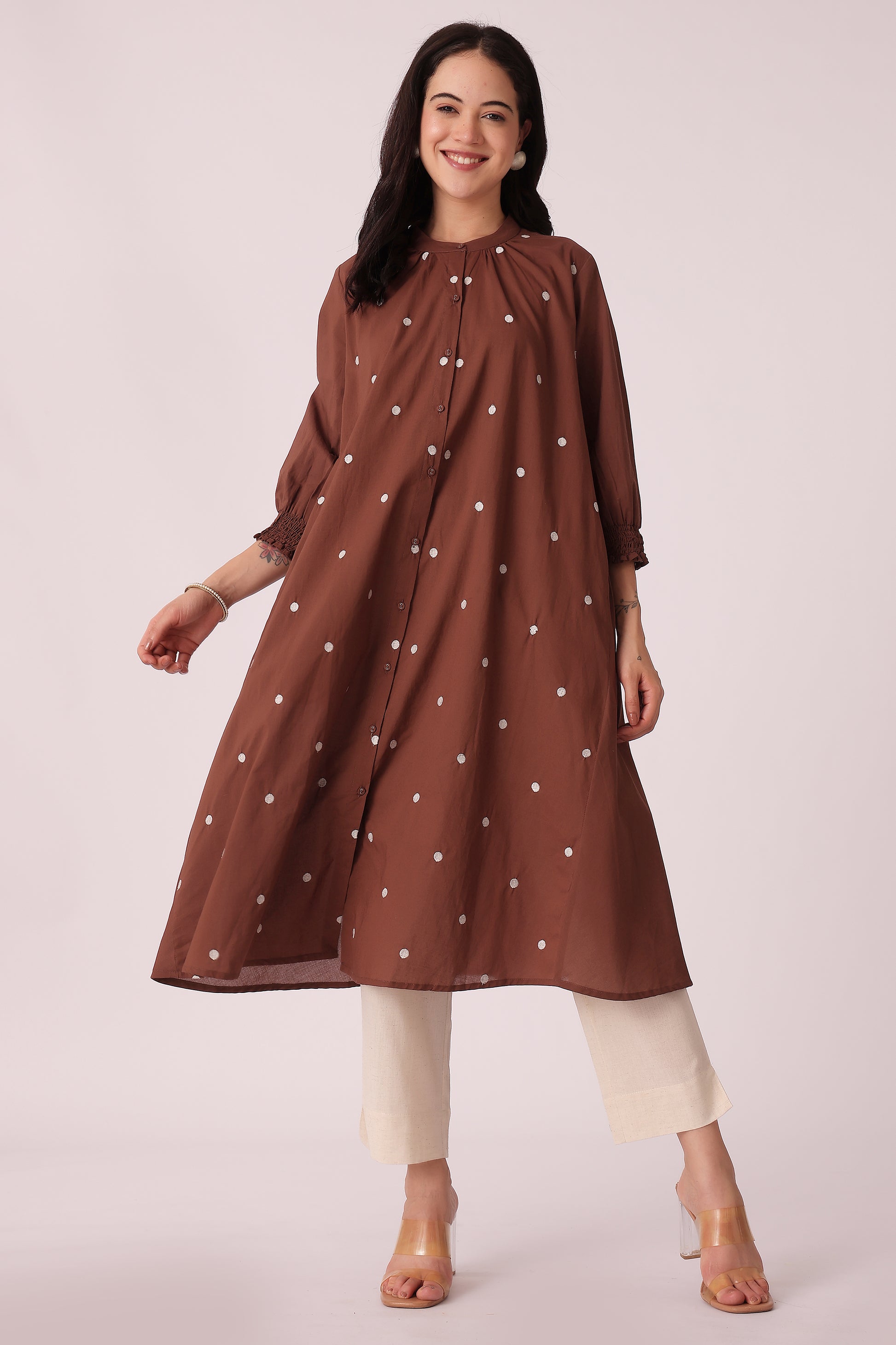ETHNIC LOOSE FIT ALL OVER EMB KURTA - Brown