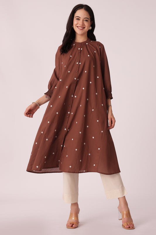 ETHNIC LOOSE FIT ALL OVER EMB KURTA - Brown