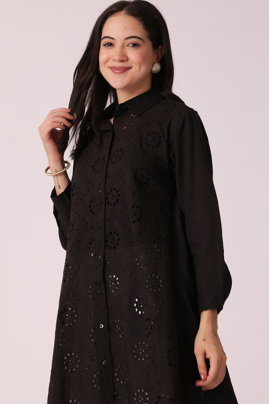 ETHNIC LOOSE FIT SCHIFFLI EMB KURTA - Black