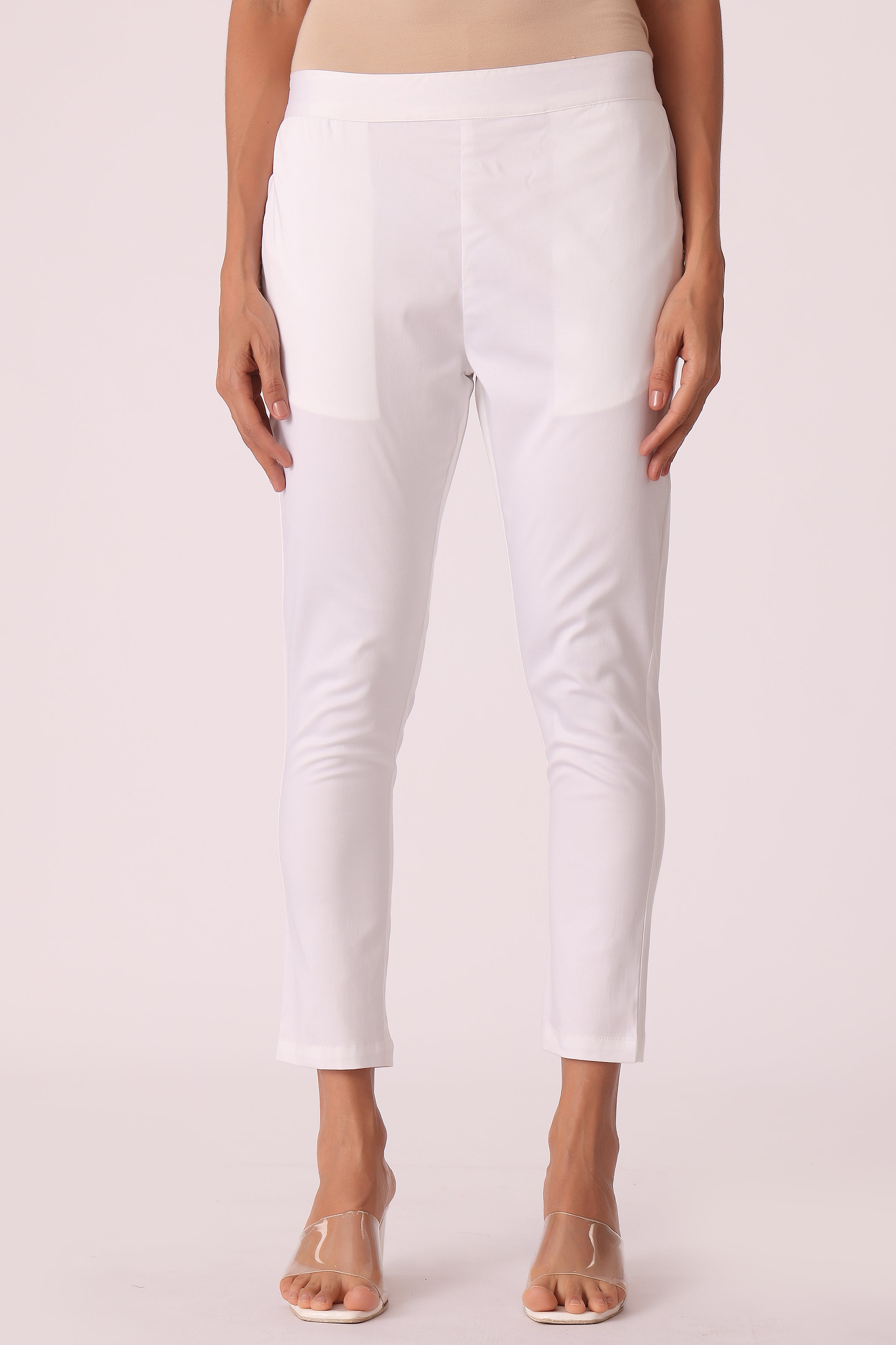 ETHNIC SLIM TAPERED FIT SOLID PANTS - White